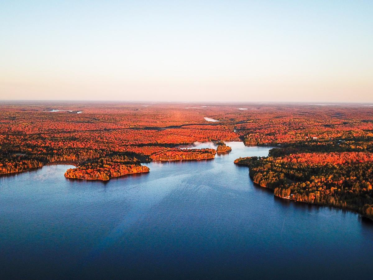 aerial view of lake with islands