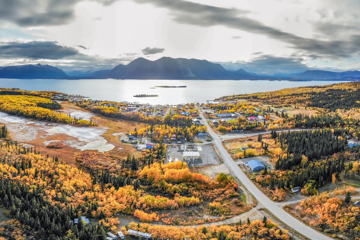harbor town and bay in fall
